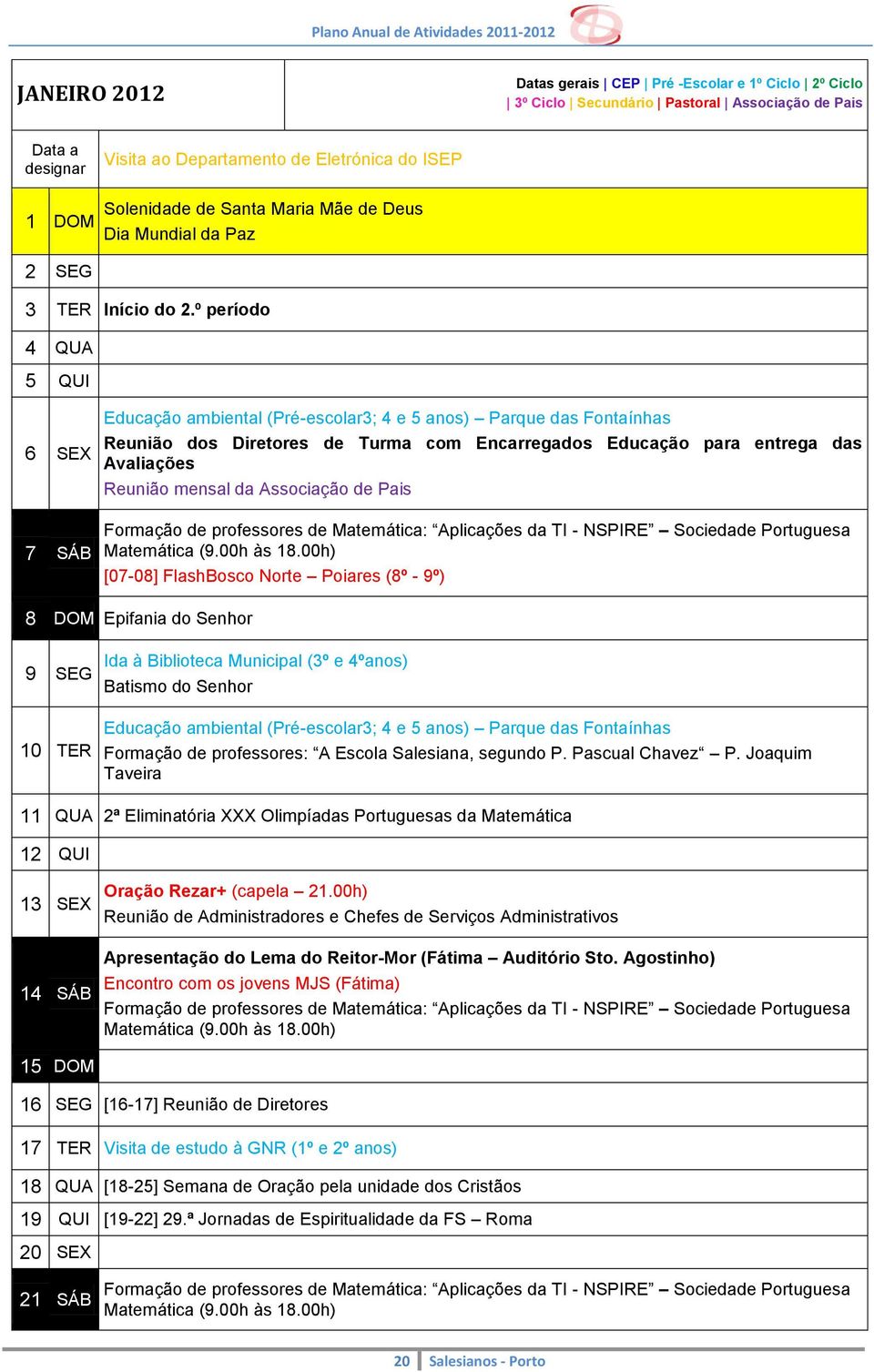 º período 4 QUA 5 QUI 6 SEX 7 SÁB Educação ambiental (Pré-escolar3; 4 e 5 anos) Parque das Fontaínhas Reunião dos Diretores de Turma com Encarregados Educação para entrega das Avaliações Reunião