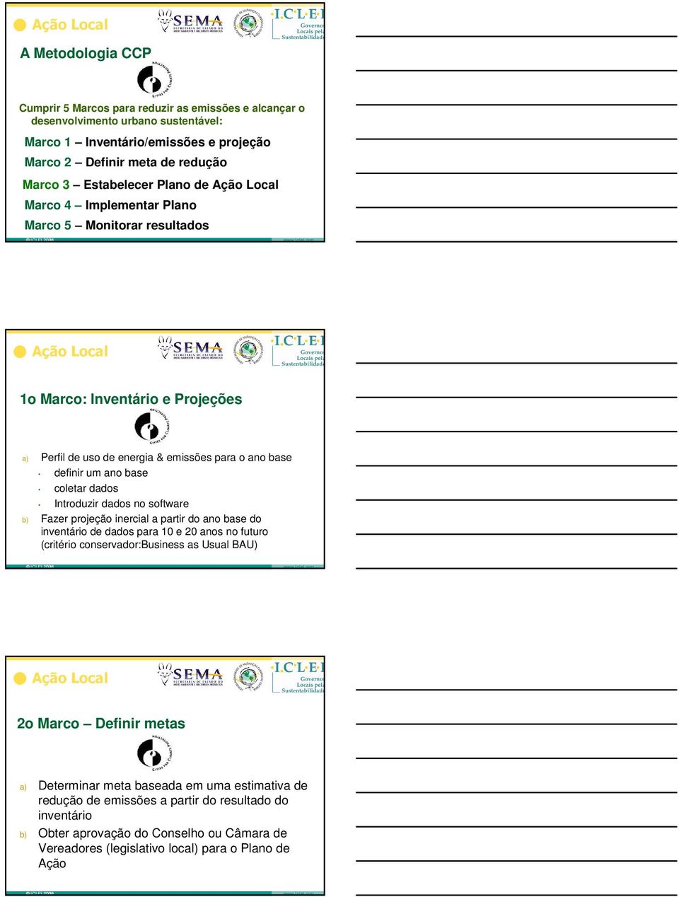 dados Introduzir dados no software b) Fazer projeção inercial a partir do ano base do inventário de dados para 10 e 20 anos no futuro (critério conservador:business as Usual BAU) 2o Marco Definir