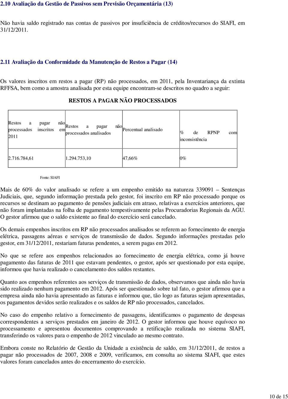 11 Avaliação da Conformidade da Manutenção de Restos a Pagar (14) Os valores inscritos em restos a pagar (RP) não processados, em 2011, pela Inventariança da extinta RFFSA, bem como a amostra