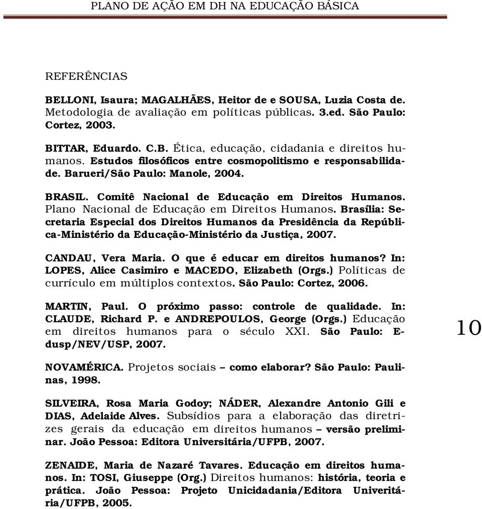 Brasília: Secretaria Especial dos Direitos Humanos da Presidência da República-Ministério da Educação-Ministério da Justiça, 2007. CANDAU, Vera Maria. O que é educar em direitos humanos?