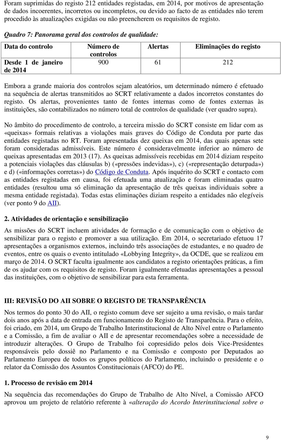 Quadro 7: Panorama geral dos controlos de qualidade: Data do controlo Desde 1 de janeiro de 2014 Número de Alertas Eliminações do registo controlos 900 61 212 Embora a grande maioria dos controlos