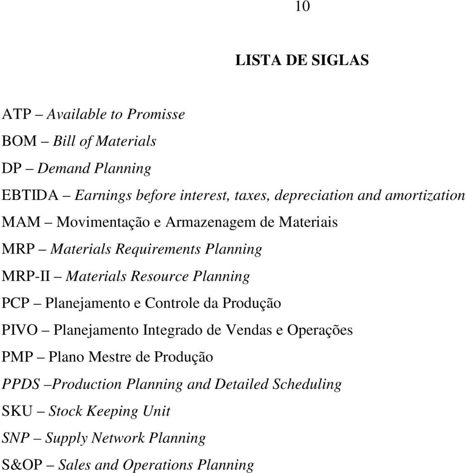 Resource Planning PCP Planejamento e Controle da Produção PIVO Planejamento Integrado de Vendas e Operações PMP Plano Mestre de