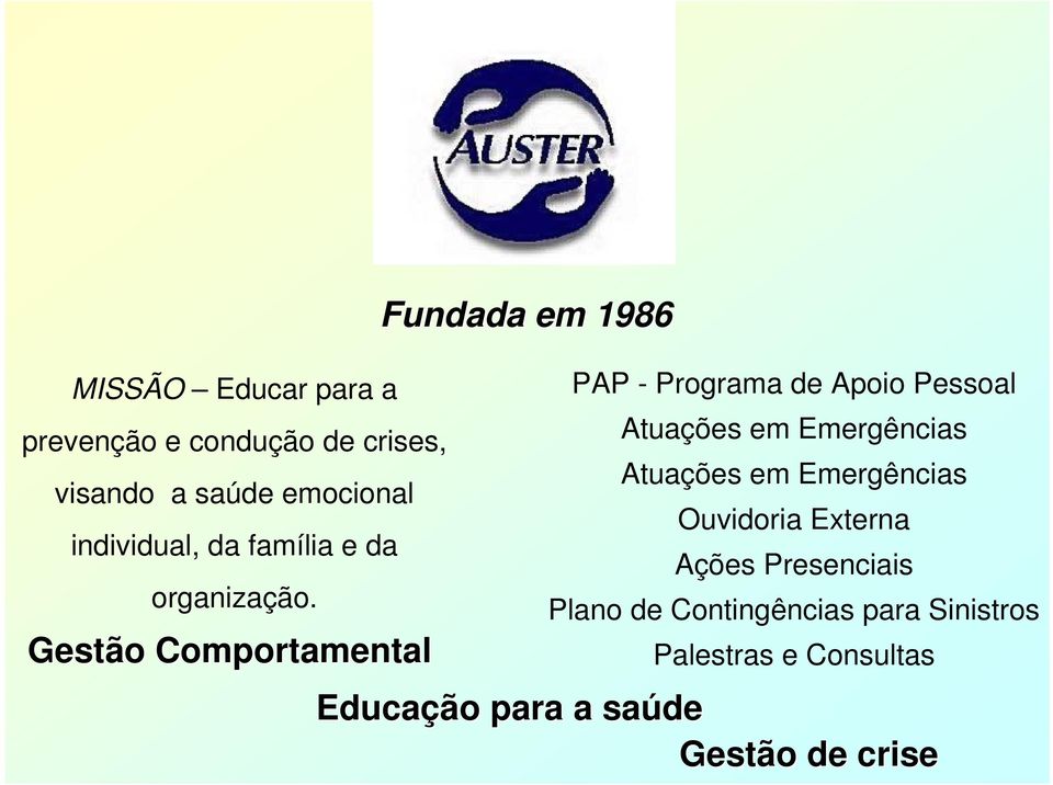 Gestão Comportamental Fundada em 1986 PAP - Programa de Apoio Pessoal Atuações em