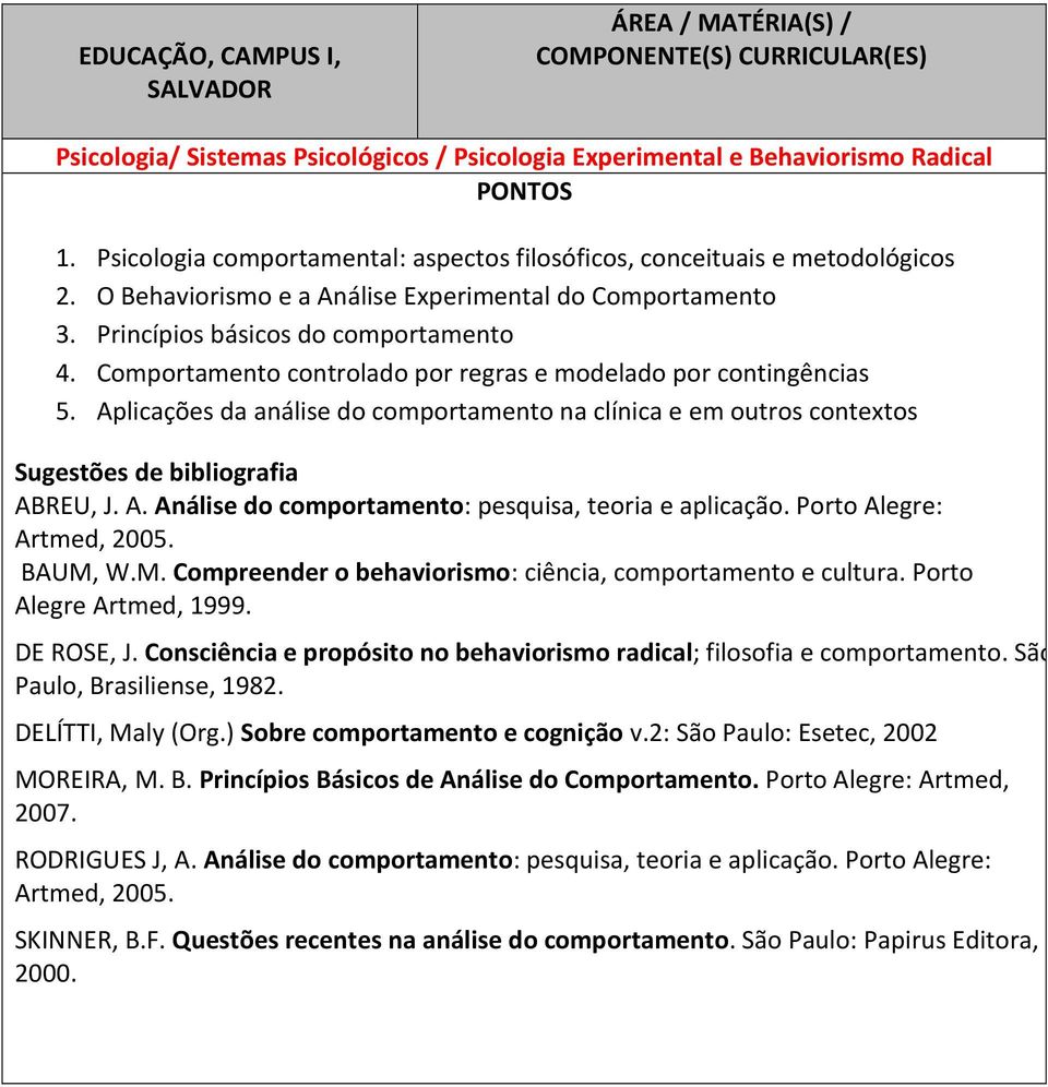 Aplicações da análise do comportamento na clínica e em outros contextos Sugestões de bibliografia ABREU, J. A. Análise do comportamento: pesquisa, teoria e aplicação. Porto Alegre: Artmed, 2005.