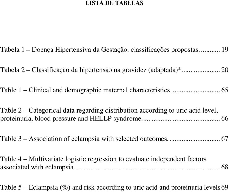 .. 65 Table 2 Categorical data regarding distribution according to uric acid level, proteinuria, blood pressure and HELLP syndrome.