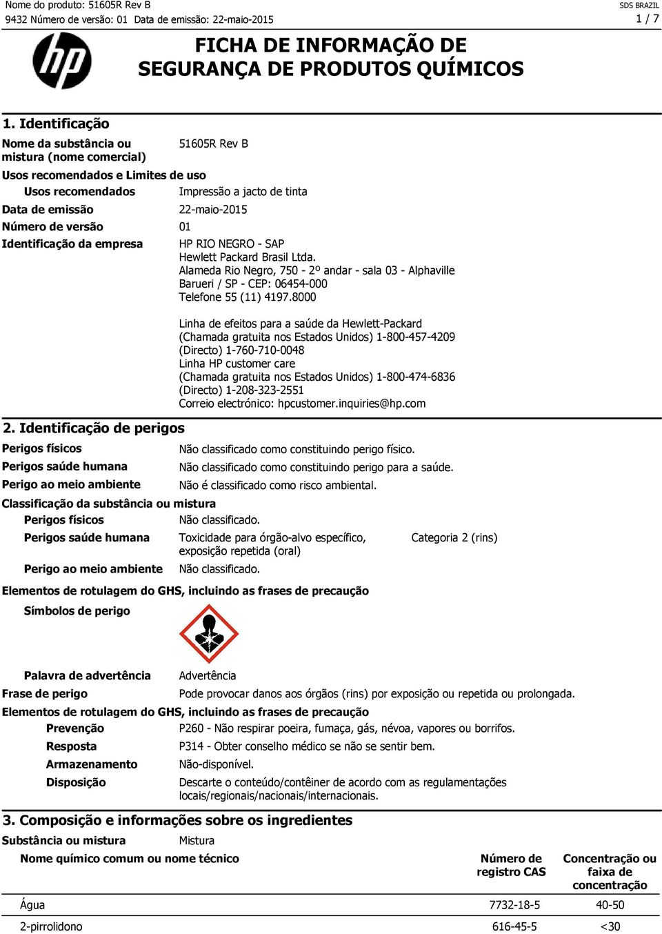 Identificação de perigos Perigos físicos Perigos saúde humana Perigo ao meio ambiente Impressão a jacto de tinta 22-maio-2015 Classificação da substância ou mistura Perigos físicos Perigos saúde