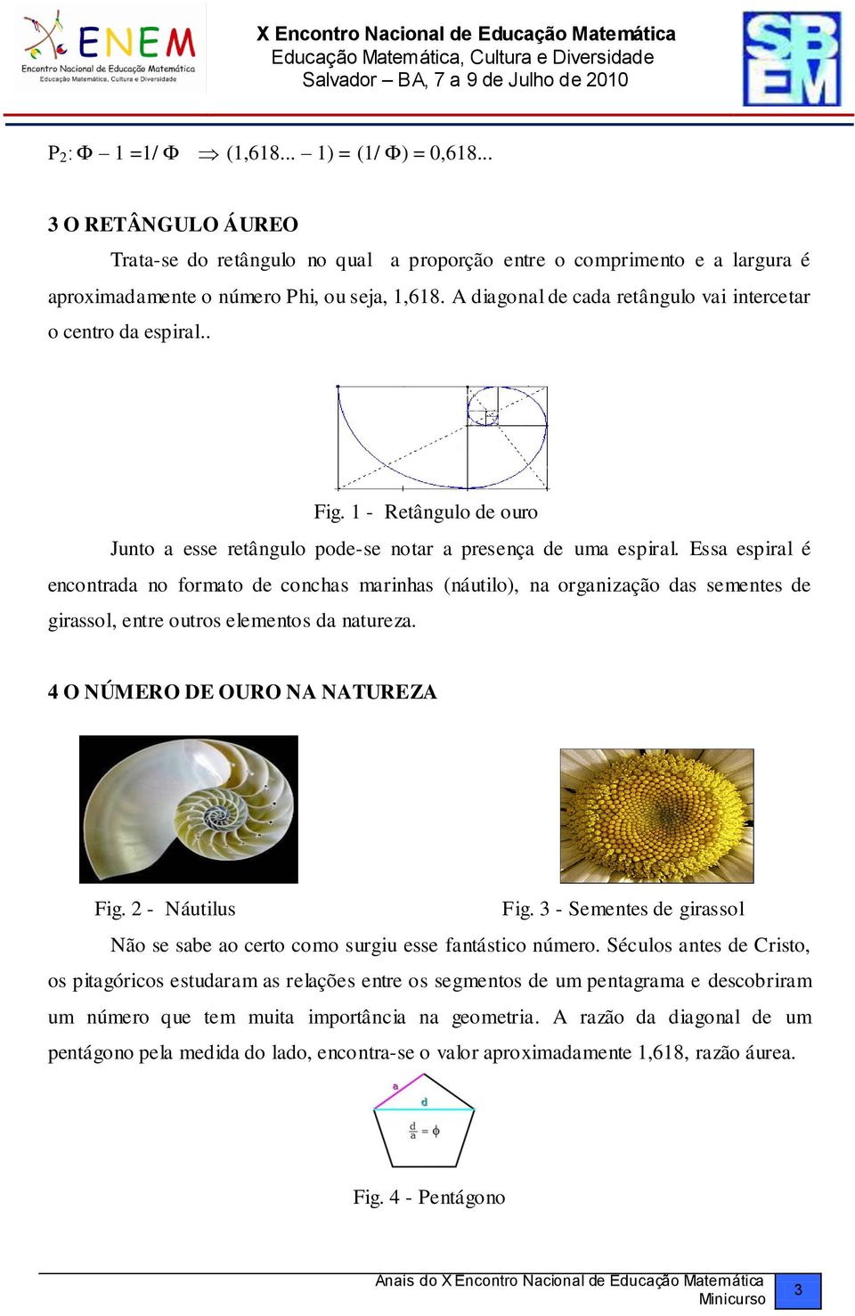 Essa espiral é encontrada no formato de conchas marinhas (náutilo), na organização das sementes de girassol, entre outros elementos da natureza. 4 O NÚMERO DE OURO NA NATUREZA Fig. - Náutilus Fig.