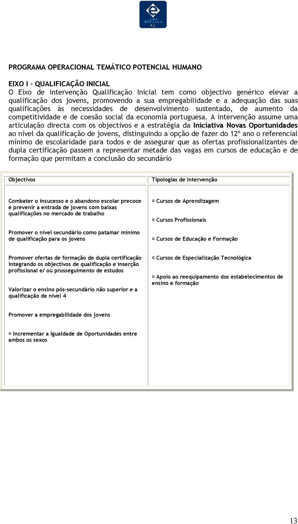 A intervenção assume uma articulação directa com os objectivos e a estratégia da Iniciativa Novas Oportunidades ao nível da qualificação de jovens, distinguindo a opção de fazer do 12º ano o