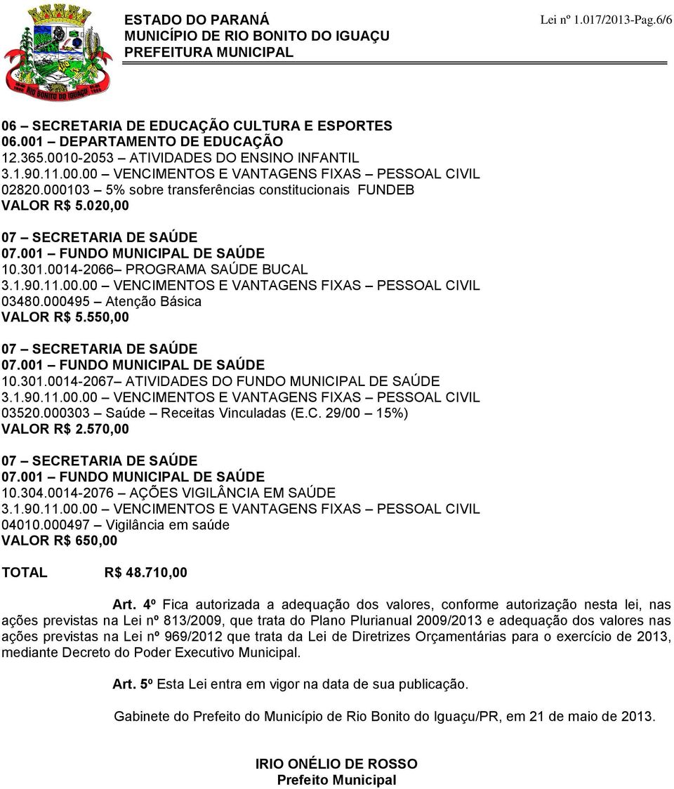 0014-2076 AÇÕES VIGILÂNCIA EM SAÚDE 04010.000497 Vigilância em saúde TOTAL R$ 48.710,00 Art.