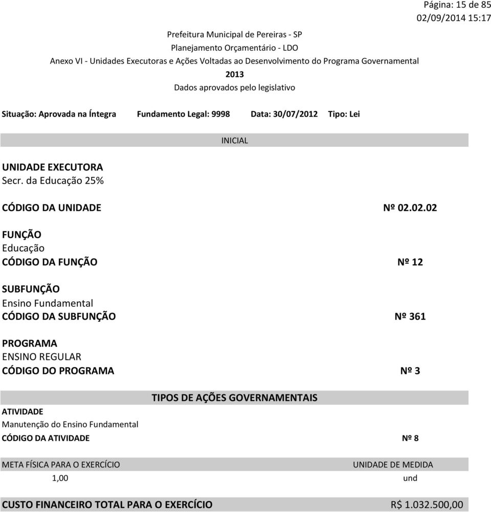 Nº 361 ENSINO REGULAR CÓDIGO DO Nº 3 Manutenção do Ensino