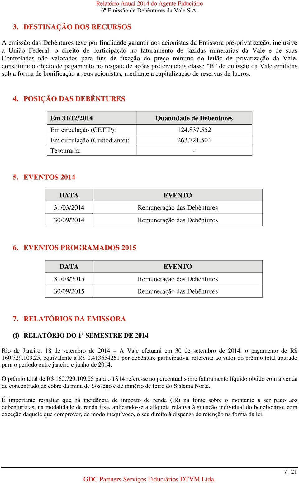 pagamento no resgate de ações preferenciais classe B de emissão da Vale emitidas sob a forma de bonificação a seus acionistas, mediante a capitalização de reservas de lucros. 4.