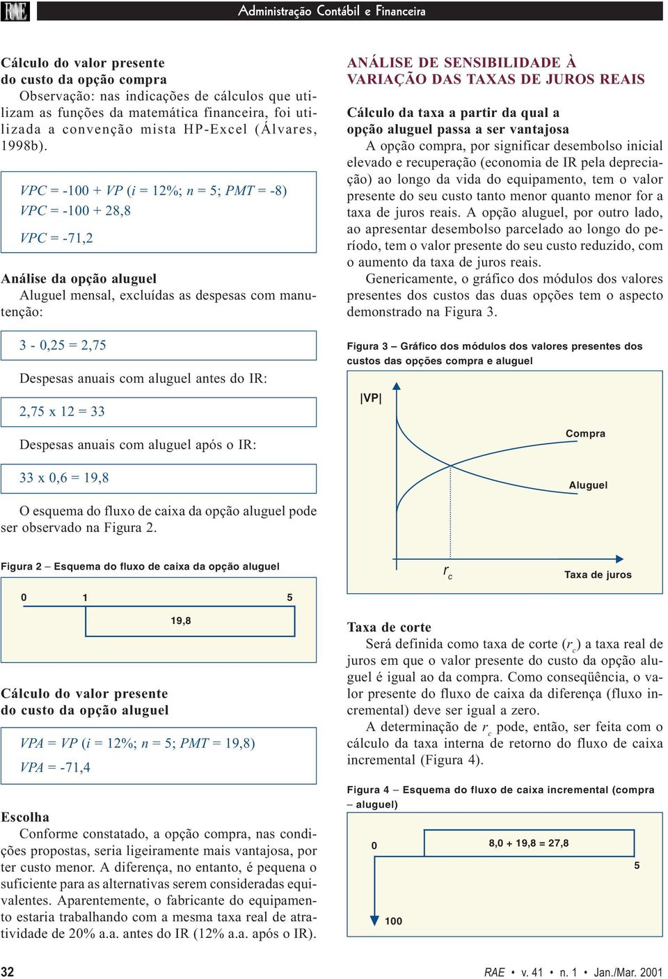 VPC = - + VP (i = 12%; n = 5; PMT = -8 VPC = - + 28,8 VPC = -71,2 Análise da opção aluguel Aluguel mensal, excluídas as despesas com manutenção: 3-0,25 = 2,75 Despesas anuais com aluguel antes do IR: