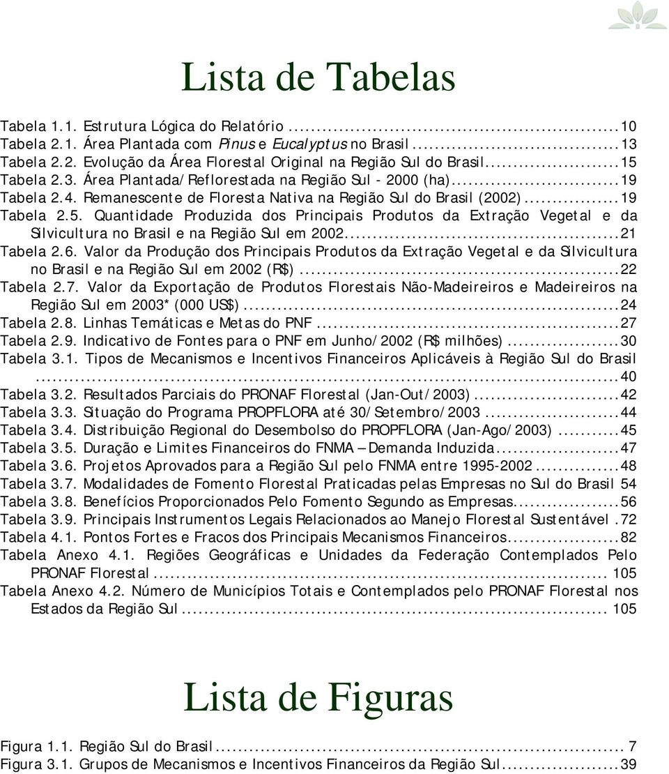 ..21 Tabela 2.6. Valor da Produção dos Principais Produtos da Extração Vegetal e da Silvicultura no Brasil e na Região Sul em 2002 (R$)...22 Tabela 2.7.