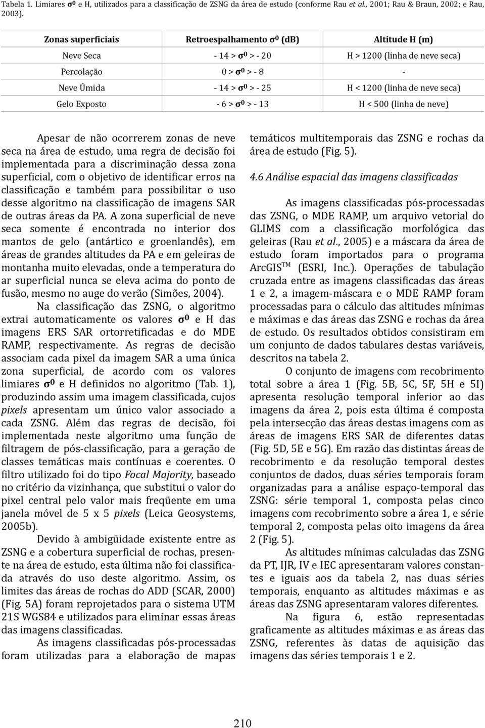 seca) Gelo Exposto - 6 > σ 0 > - 13 H < 500 (linha de neve) Apesar de não ocorrerem zonas de neve seca na área de estudo, uma regra de decisão foi implementada para a discriminação dessa zona