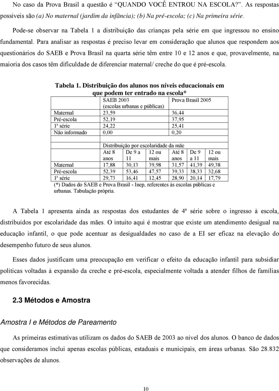 Para analisar as respostas é preciso levar em consideração que alunos que respondem aos questionários do SAEB e Prova Brasil na quarta série têm entre 10 e 12 anos e que, provavelmente, na maioria