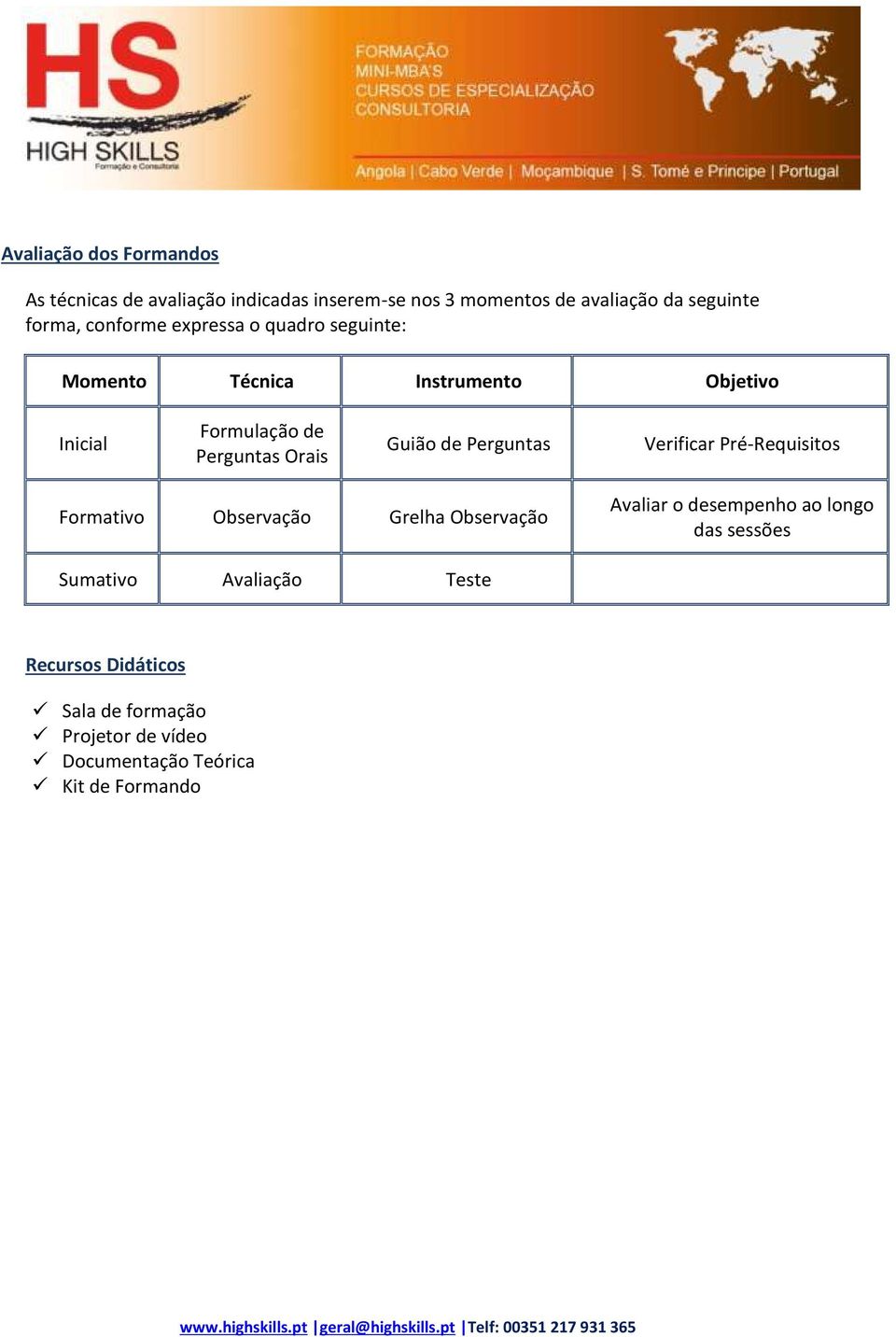 de Perguntas Verificar Pré-Requisitos Formativo Observação Grelha Observação Avaliar o desempenho ao longo das