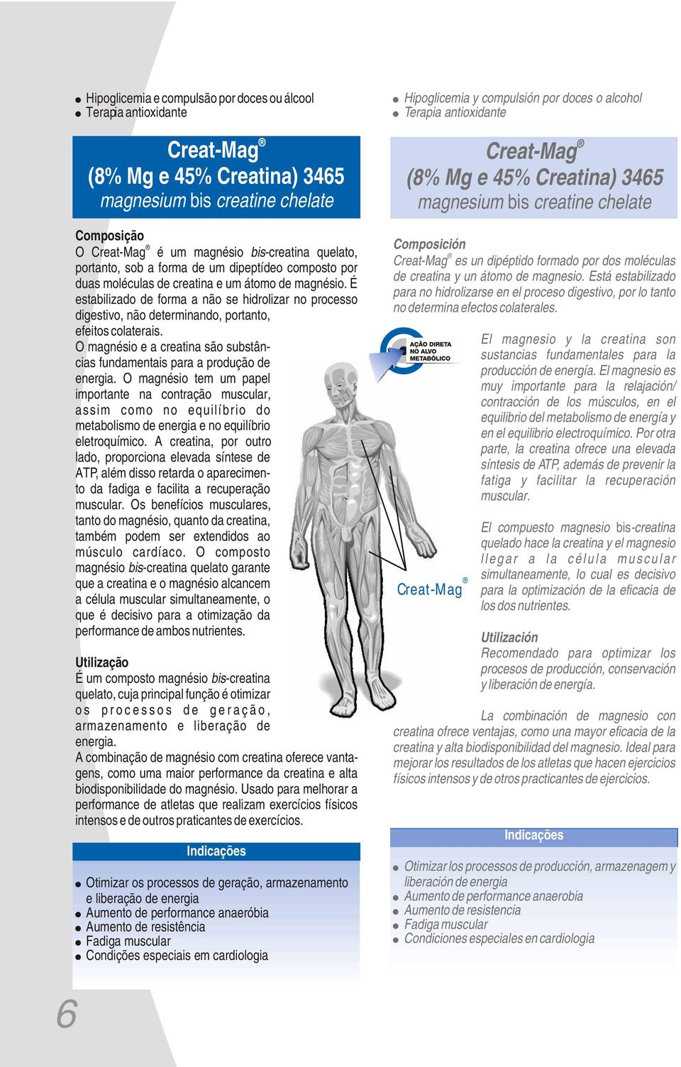 É estabilizado de forma a não se hidrolizar no processo digestivo, não determinando, portanto, efeitos colaterais. O magnésio e a creatina são substâncias fundamentais para a produção de energia.