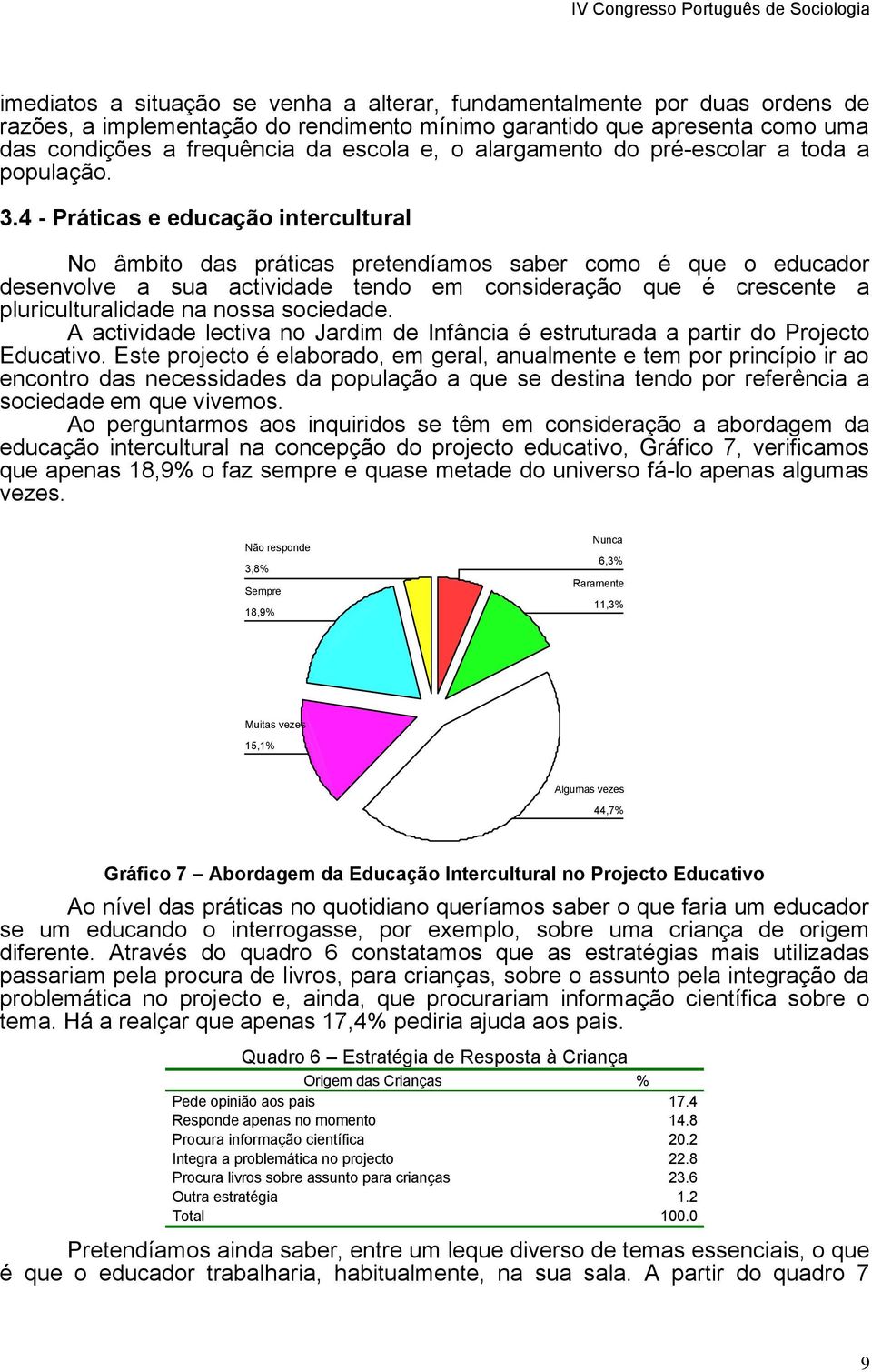 4 - Práticas e educação intercultural No âmbito das práticas pretendíamos saber como é que o educador desenvolve a sua actividade tendo em consideração que é crescente a pluriculturalidade na nossa