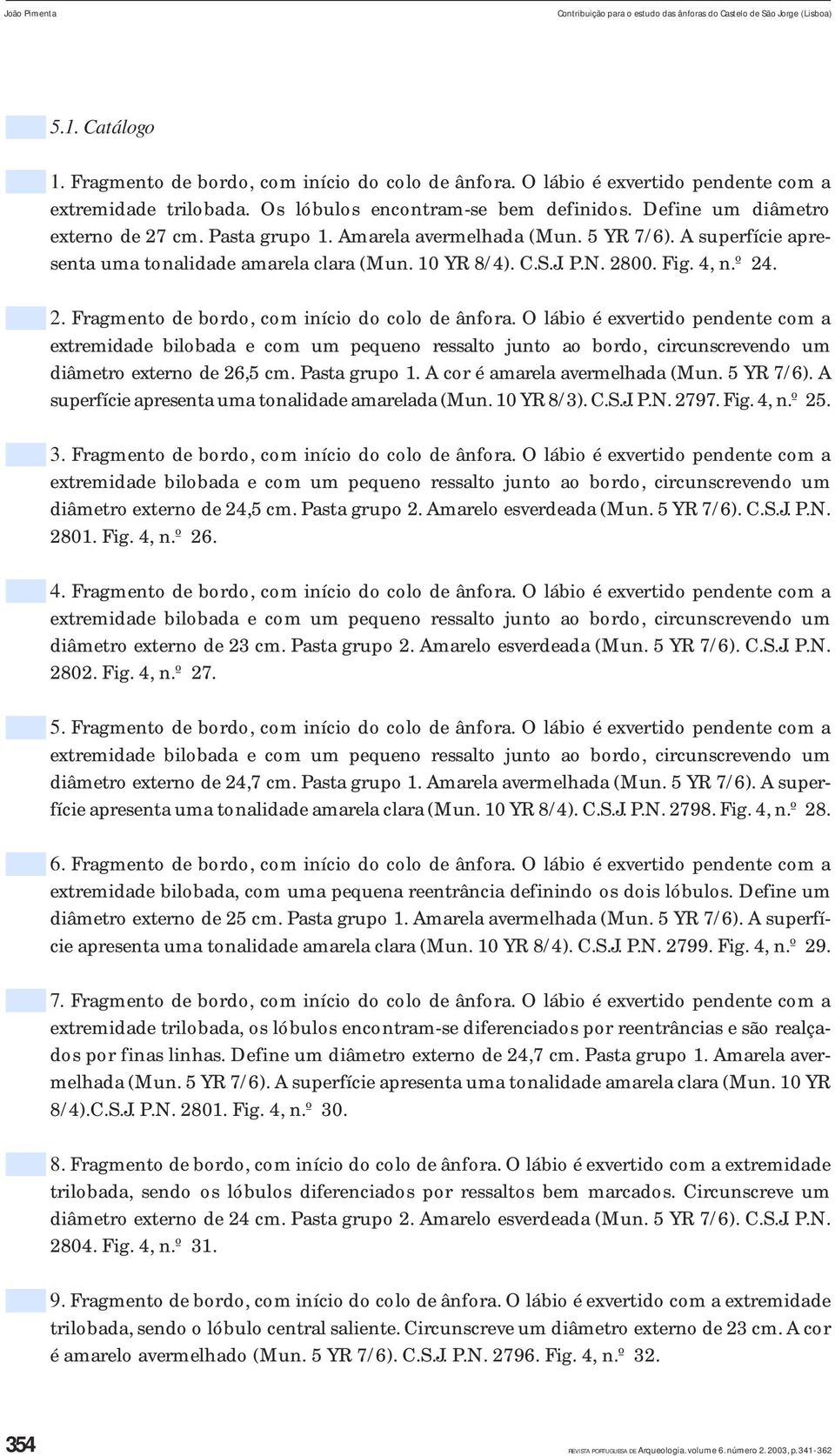 A superfície apresenta uma tonalidade amarela clara (Mun. 10 YR 8/4). C.S.J. P.N. 2800. Fig. 4, n.º 24. 2. Fragmento de bordo, com início do colo de ânfora.