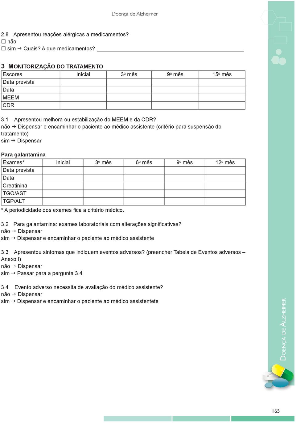 não g Dispensar e encaminhar o paciente ao médico assistente (critério para suspensão do tratamento) sim g Dispensar para galantamina Exames* Inicial 3 o mês 6 o mês 9 o mês 12 o mês Data prevista