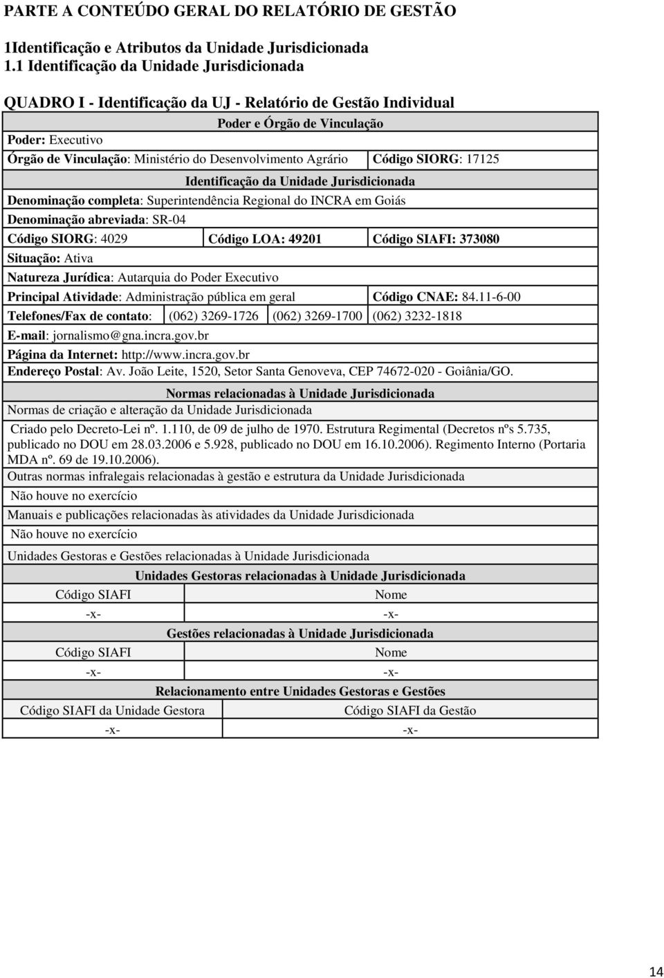 Desenvolvimento Agrário Código SIORG: 17125 Identificação da Unidade Jurisdicionada Denominação completa: Superintendência Regional do INCRA em Goiás Denominação abreviada: SR-04 Código SIORG: 4029