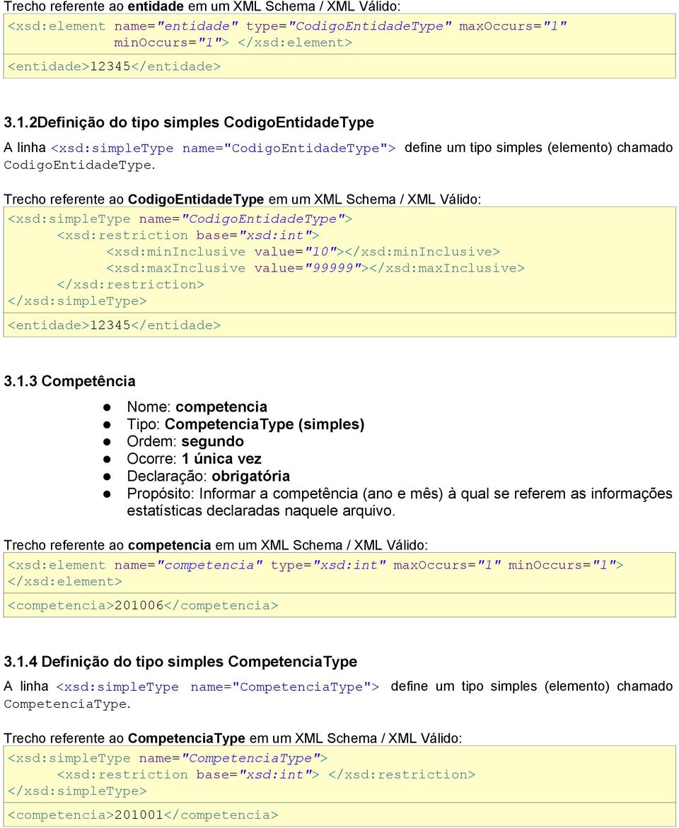 Trecho referente ao CodigoEntidadeType em um XML Schema / XML Válido: <xsd:simpletype name="codigoentidadetype"> <xsd:restriction base="xsd:int"> <xsd:mininclusive value="10"></xsd:mininclusive>