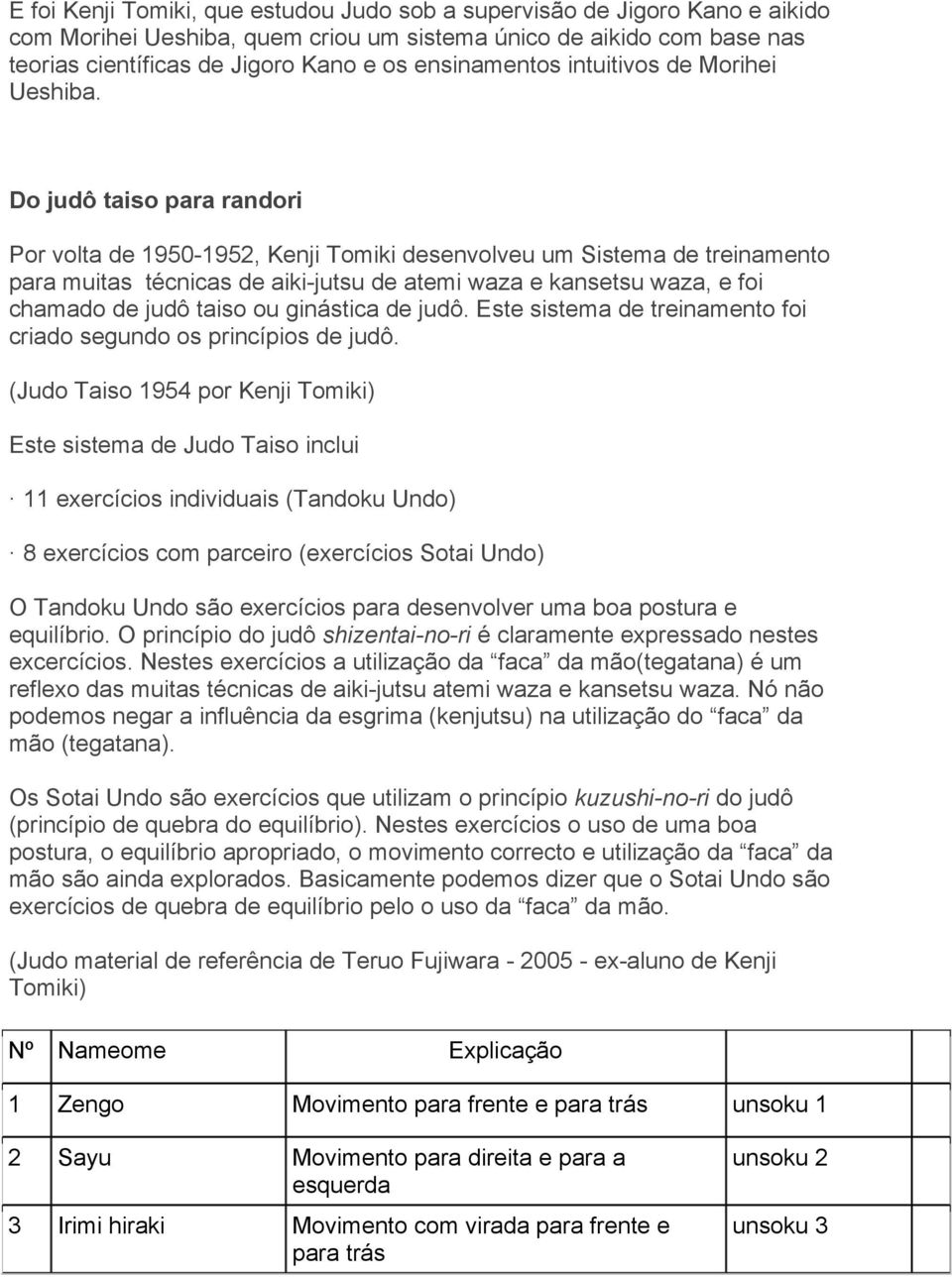 Do judô taiso para randori Por volta de 1950-1952, Kenji Tomiki desenvolveu um Sistema de treinamento para muitas técnicas de aiki-jutsu de atemi waza e kansetsu waza, e foi chamado de judô taiso ou