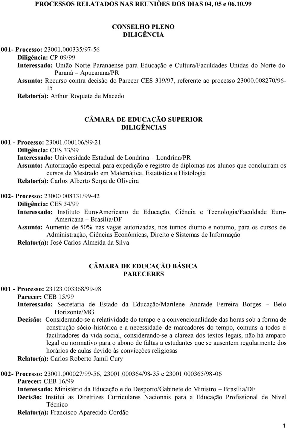 referente ao processo 23000.008270/96-15 Relator(a): Arthur Roquete de Macedo CÂMARA DE EDUCAÇÃO SUPERIOR DILIGÊNCIAS 001 - Processo: 23001.