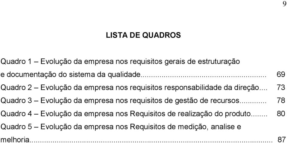 .. 73 Quadro 3 Evolução da empresa nos requisitos de gestão de recursos.