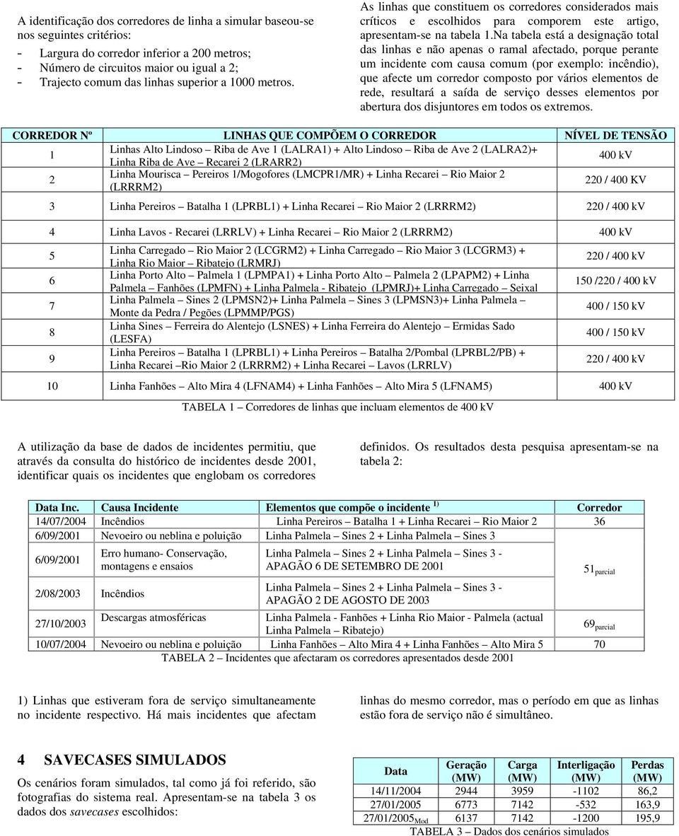 Na tabela está a designação total das linhas e não apenas o ramal afectado, porque perante um incidente com causa comum (por exemplo: incêndio), que afecte um corredor composto por vários elementos