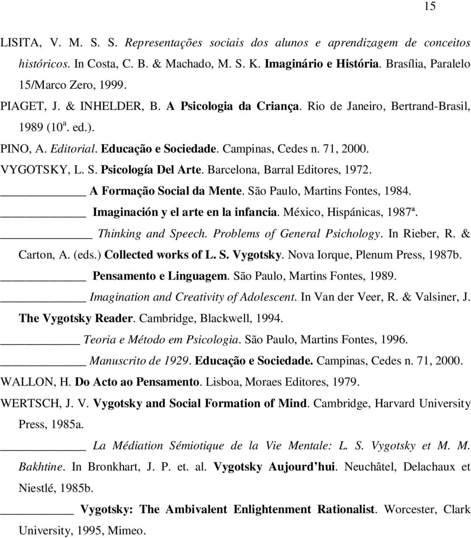 Barcelona, Barral Editores, 1972. A Formação Social da Mente. São Paulo, Martins Fontes, 1984. Imaginación y el arte en la infancia. México, Hispánicas, 1987ª. Thinking and Speech.