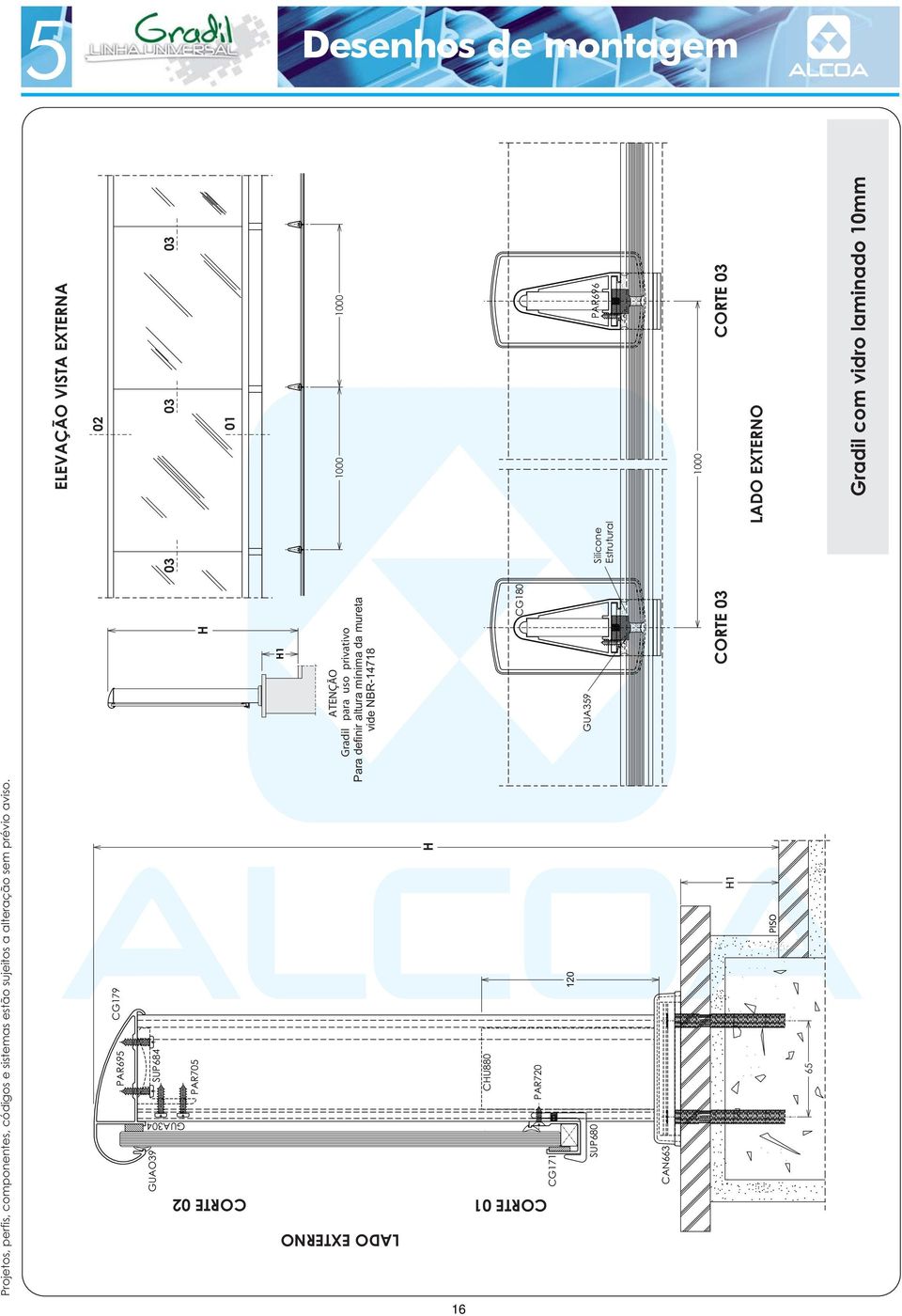 Gradil com vidro laminado 10mm Projetos, perfis, componentes, códigos e sistemas estão sujeitos a alteração sem