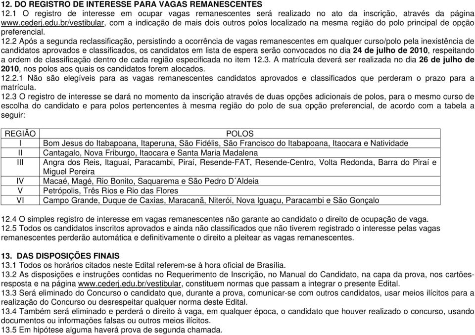 2 Após a segunda reclassificação, persistindo a ocorrência de vagas remanescentes em qualquer curso/polo pela inexistência de candidatos aprovados e classificados, os candidatos em lista de espera