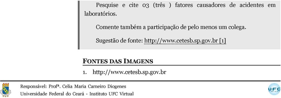 Sugestão de fonte: http://www.cetesb.sp.gov.br [1] FONTES DAS IMAGENS 1. http://www.cetesb.sp.gov.br Responsável: Profª.