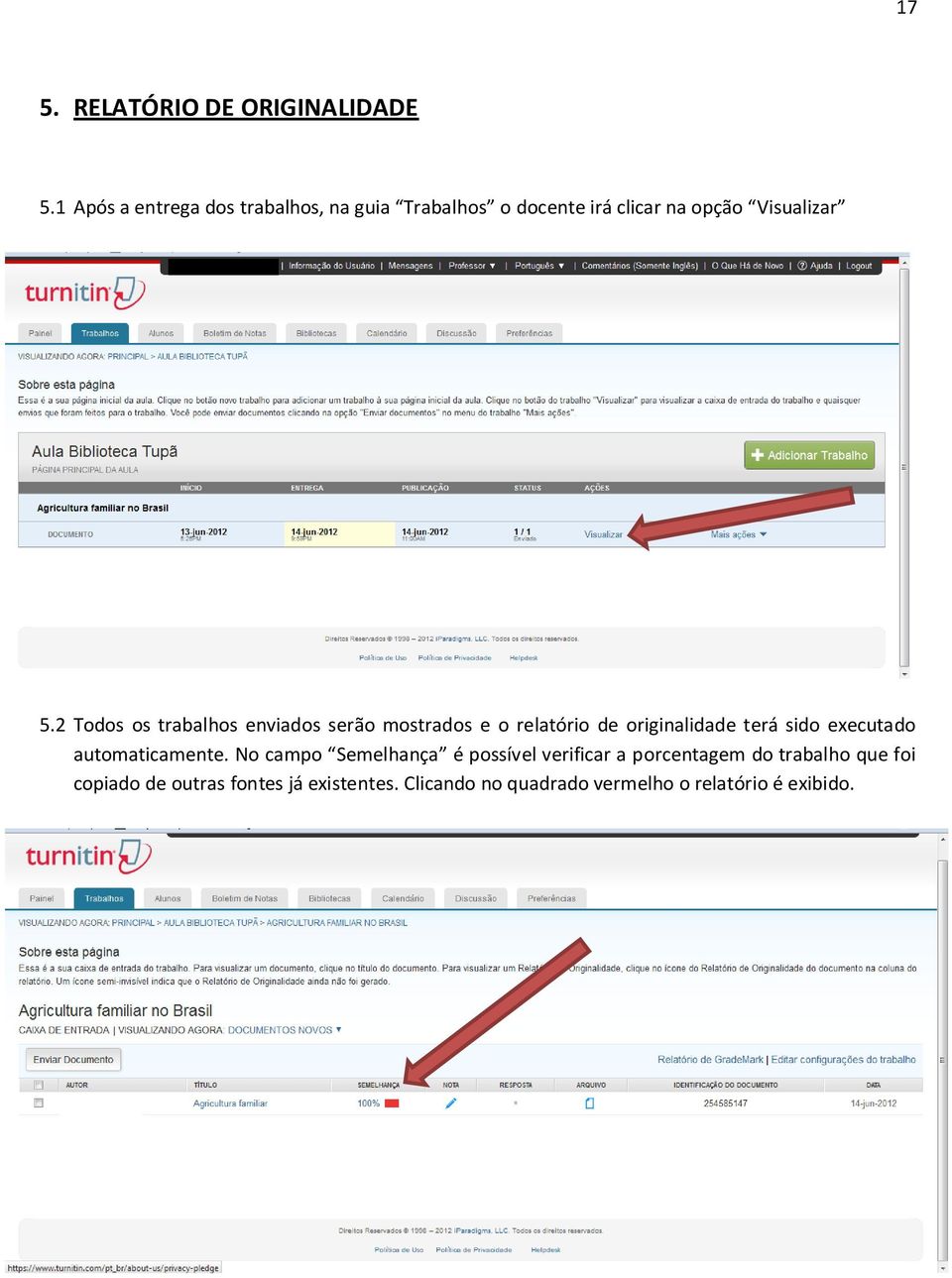 2 Todos os trabalhos enviados serão mostrados e o relatório de originalidade terá sido executado