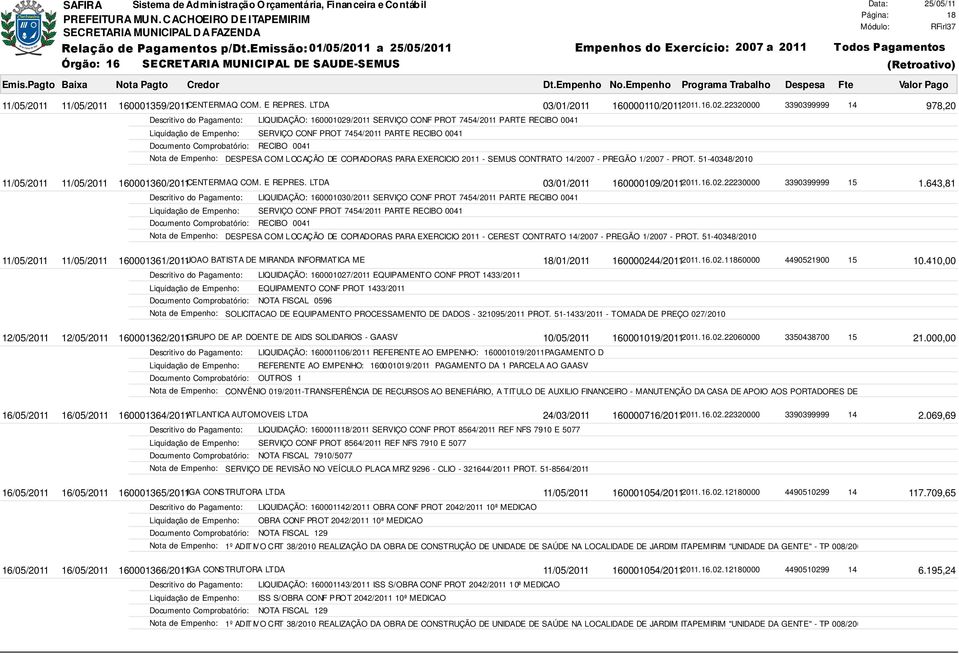 Empenho: DESPESA COM LOCAÇÃO DE COPIADORAS PARA EXERCICIO 2011 - SEMUS CONTRATO 14/2007 - PREGÃO 1/2007 - PROT. 51-40348/2010 11/05/2011 11/05/2011 160001360/2011 CENTERMAQ COM. E REPRES.