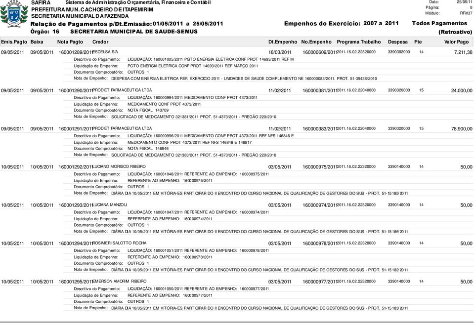 EXERCICIO 2011 - UNIDADES DE SAUDE COMPLEMENTO NE 160000083/2011. PROT. 51-39436/2010 09/05/2011 09/05/2011 160001290/2011 PRODIET FARMACEUTICA LTDA 11/02/2011 160000381/2011 2011.16.02.22040000 3390320000 15 24.