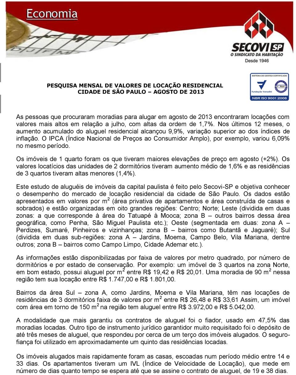 O IPCA (Índice Nacional de Preços ao Consumidor Amplo), por exemplo, variou 6,09% no mesmo período. Os imóveis de 1 quarto foram os que tiveram maiores elevações de preço em agosto (+2%).