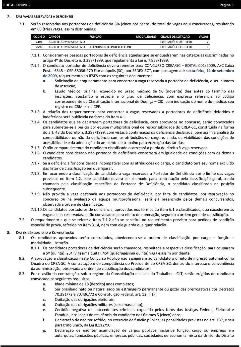 Serão reservadas aos portadores de deficiência 5% (cinco por cento) do total de vagas aqui concursadas, resultando em 03 (três) vagas, assim distribuídas: CÓDIGO CARGOS FUNÇÃO MODALIDADE CIDADE DE