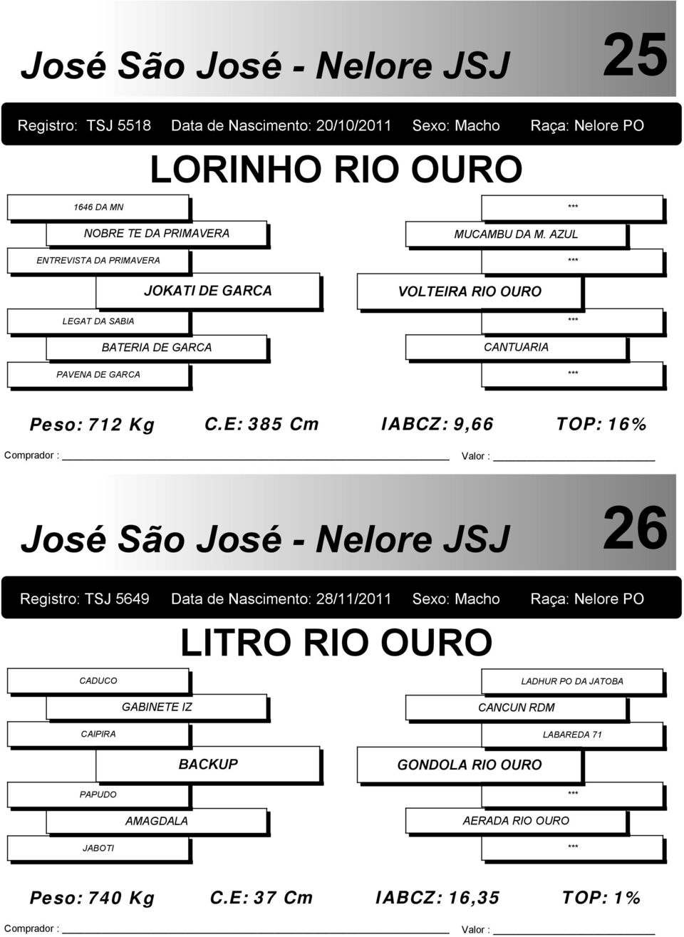 E: 385 Cm IABCZ: 9,66 TOP: 16% 26 Registro: TSJ 5649 Data de Nascimento: 28/11/2011 Sexo: Macho Raça: Nelore PO LITRO RIO OURO CADUCO LADHUR PO DA