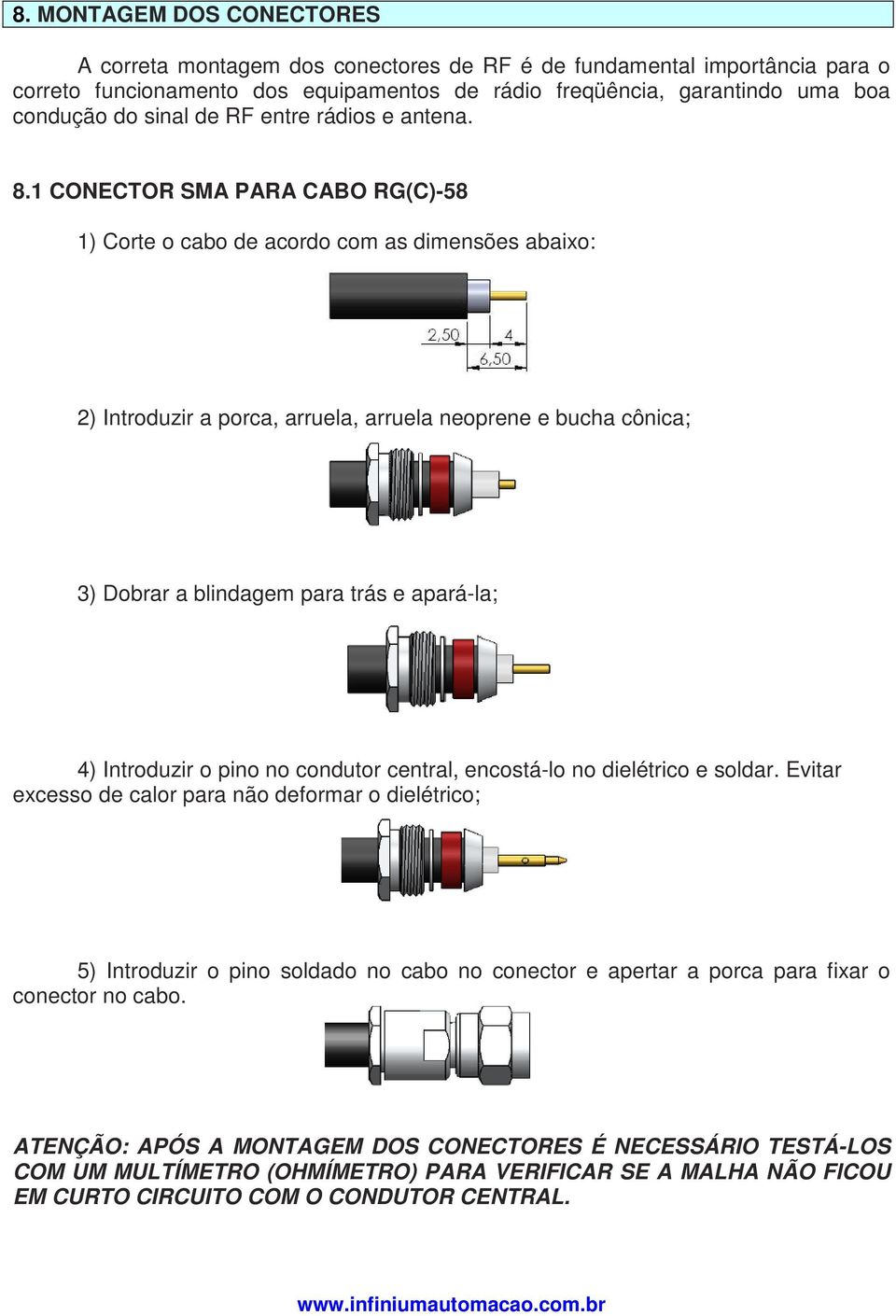 1 CONECTOR SMA PARA CABO RG(C)-58 1) Corte o cabo de acordo com as dimensões abaixo: 2) Introduzir a porca, arruela, arruela neoprene e bucha cônica; 3) Dobrar a blindagem para trás e apará-la; 4)