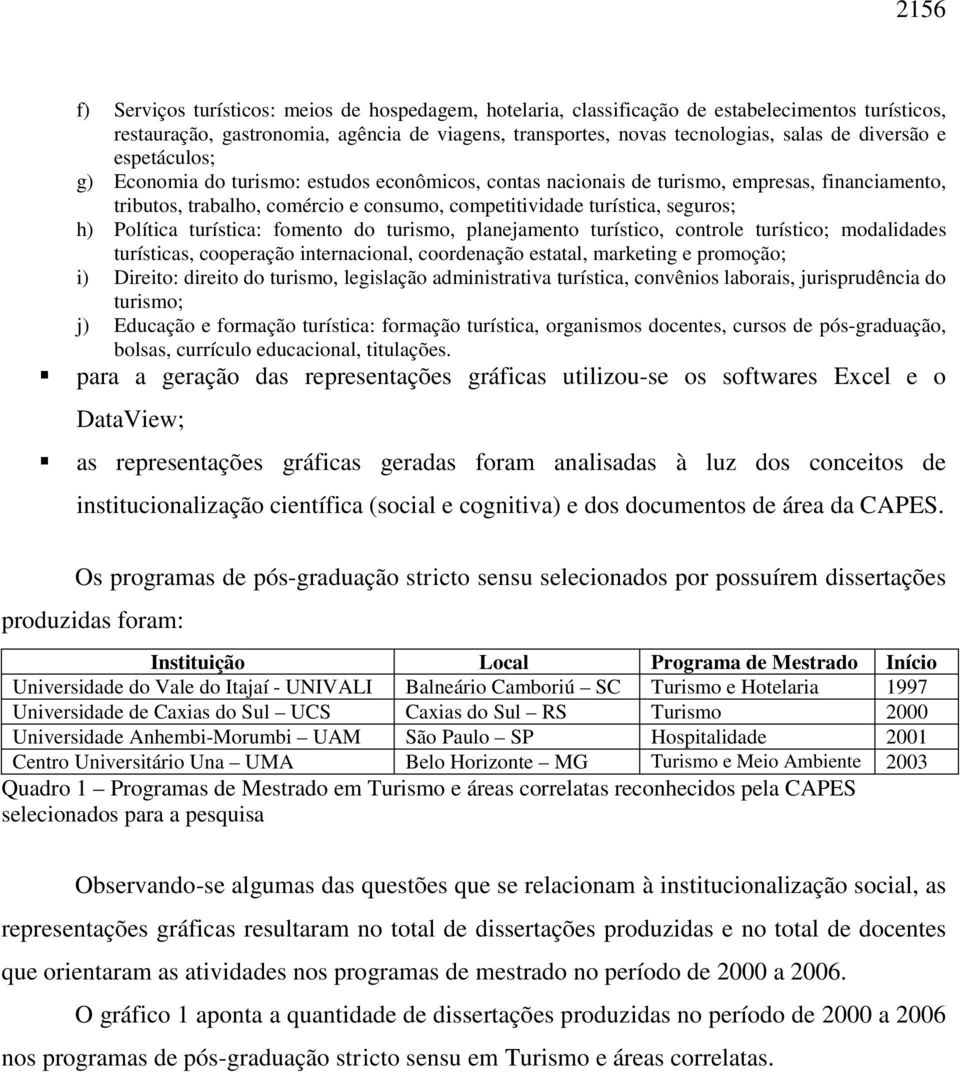 h) Política turística: fomento do turismo, planejamento turístico, controle turístico; modalidades turísticas, cooperação internacional, coordenação estatal, marketing e promoção; i) Direito: direito