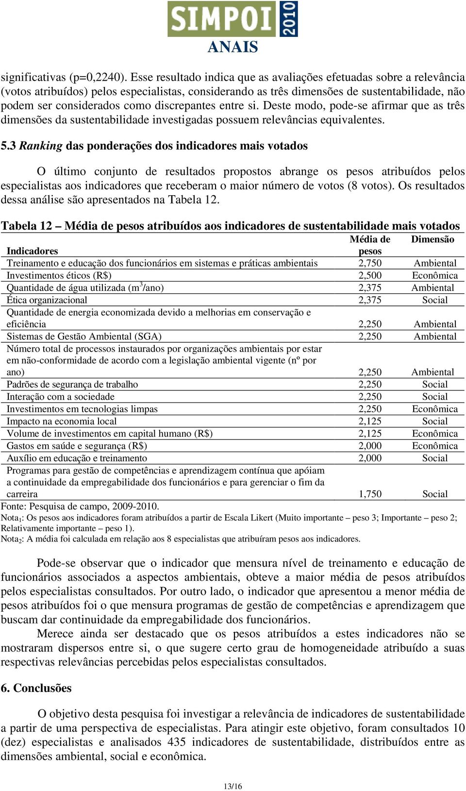 si. Deste modo, pode-se afirmar que as três dimensões da sustentabilidade investigadas possuem relevâncias equivalentes. 5.