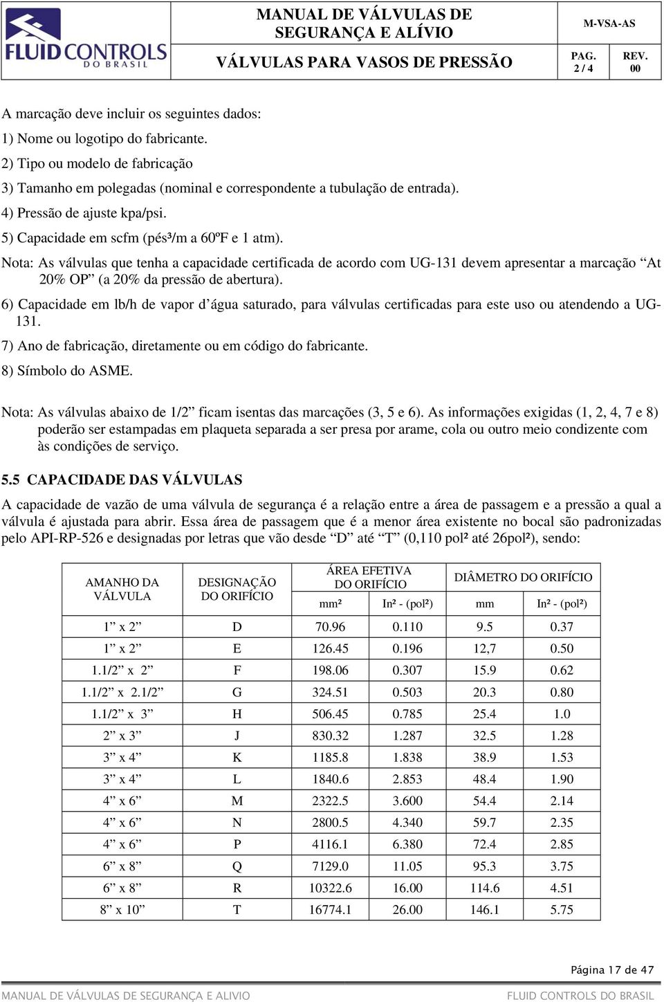 Nota: As válvulas que tenha a capacidade certificada de acordo com UG-131 devem apresentar a marcação At 20% OP (a 20% da pressão de abertura).