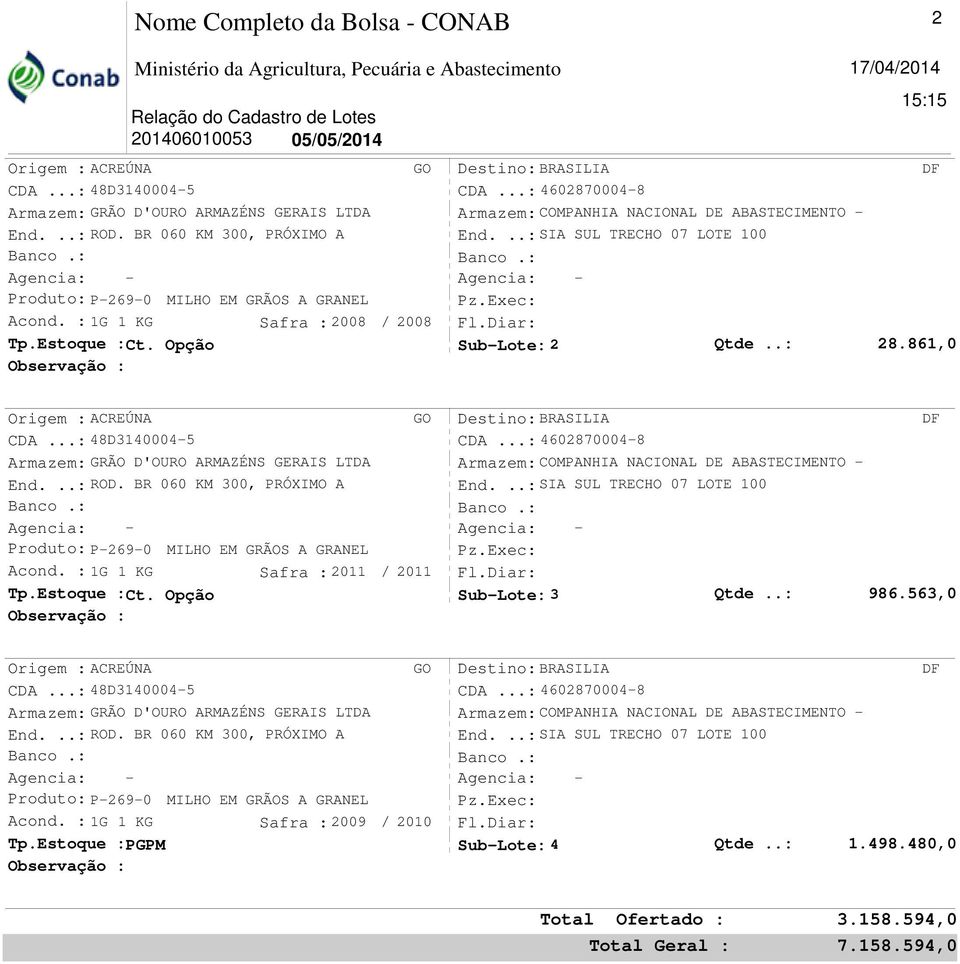 .: 28.861,0 Acond. : 1G 1 KG Safra :2011 / 2011 Sub-Lote: 3 Qtde..: 986.563,0 Acond.