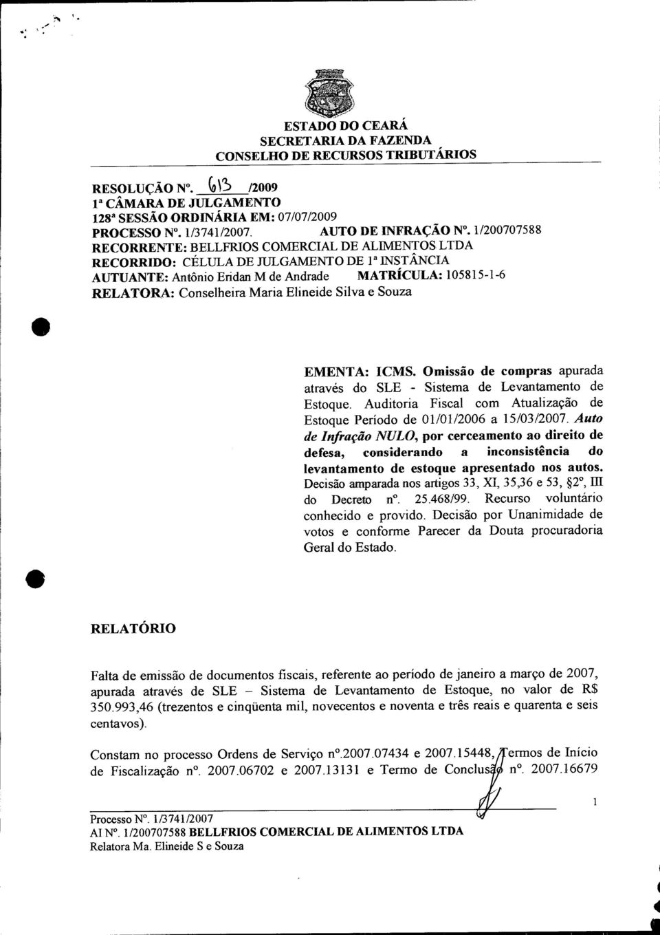 Elineide Silva e Souza EMENTA: ICMS. Omissão de compras apurada através do SLE- Sistema de Levantamento de Estoque. Auditoria Fiscal com Atualização de Estoque Período de 01/01/2006 a 15/03/2007.