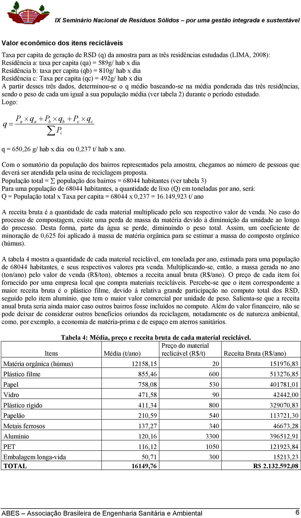 sendo o peso de cada um igual a sua população média (ver tabela 2) durante o período estudado. Logo: q = P q a a + Pb q P i b + P q c c q = 650,26 g/ hab x dia ou 0,237 t/ hab x ano.