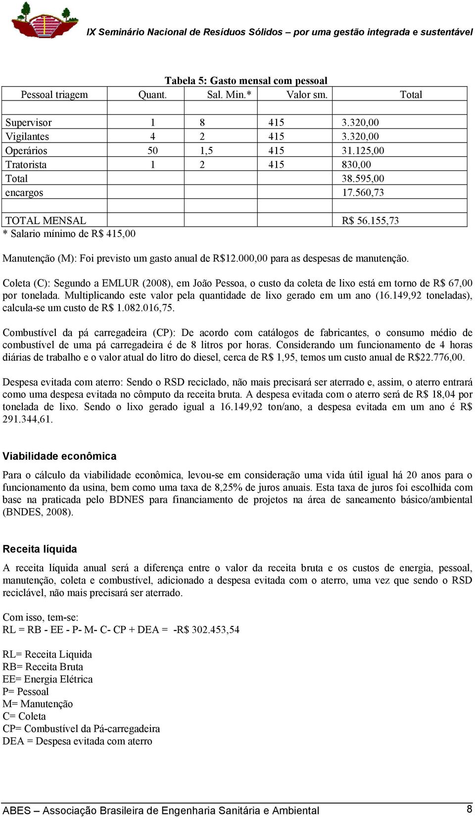 000,00 para as despesas de manutenção. Coleta (C): Segundo a EMLUR (2008), em João Pessoa, o custo da coleta de lixo está em torno de R$ 67,00 por tonelada.