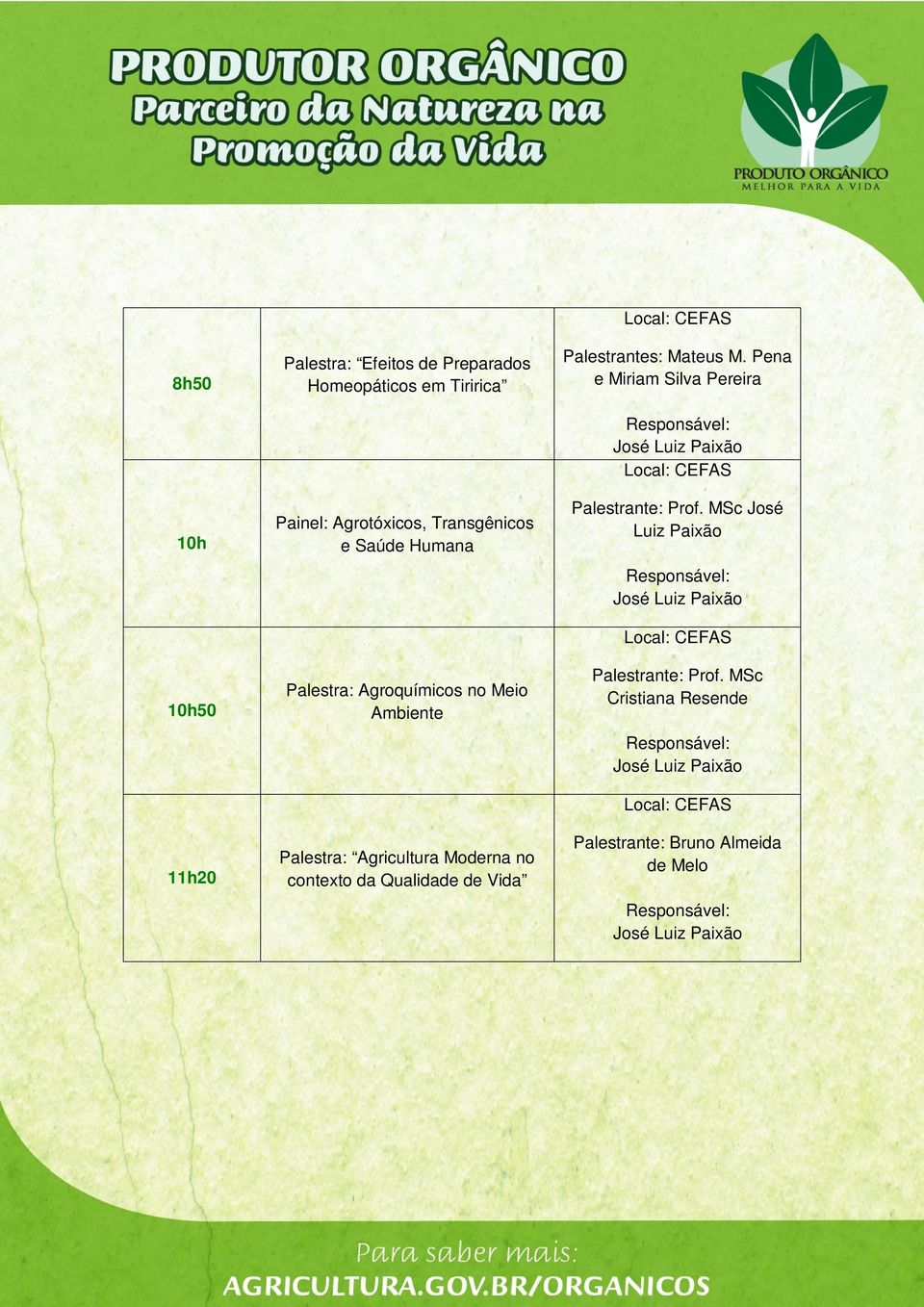 MSc José Luiz Paixão José Luiz Paixão Local: CEFAS 10h50 Palestra: Agroquímicos no Meio Ambiente Palestrante: Prof.