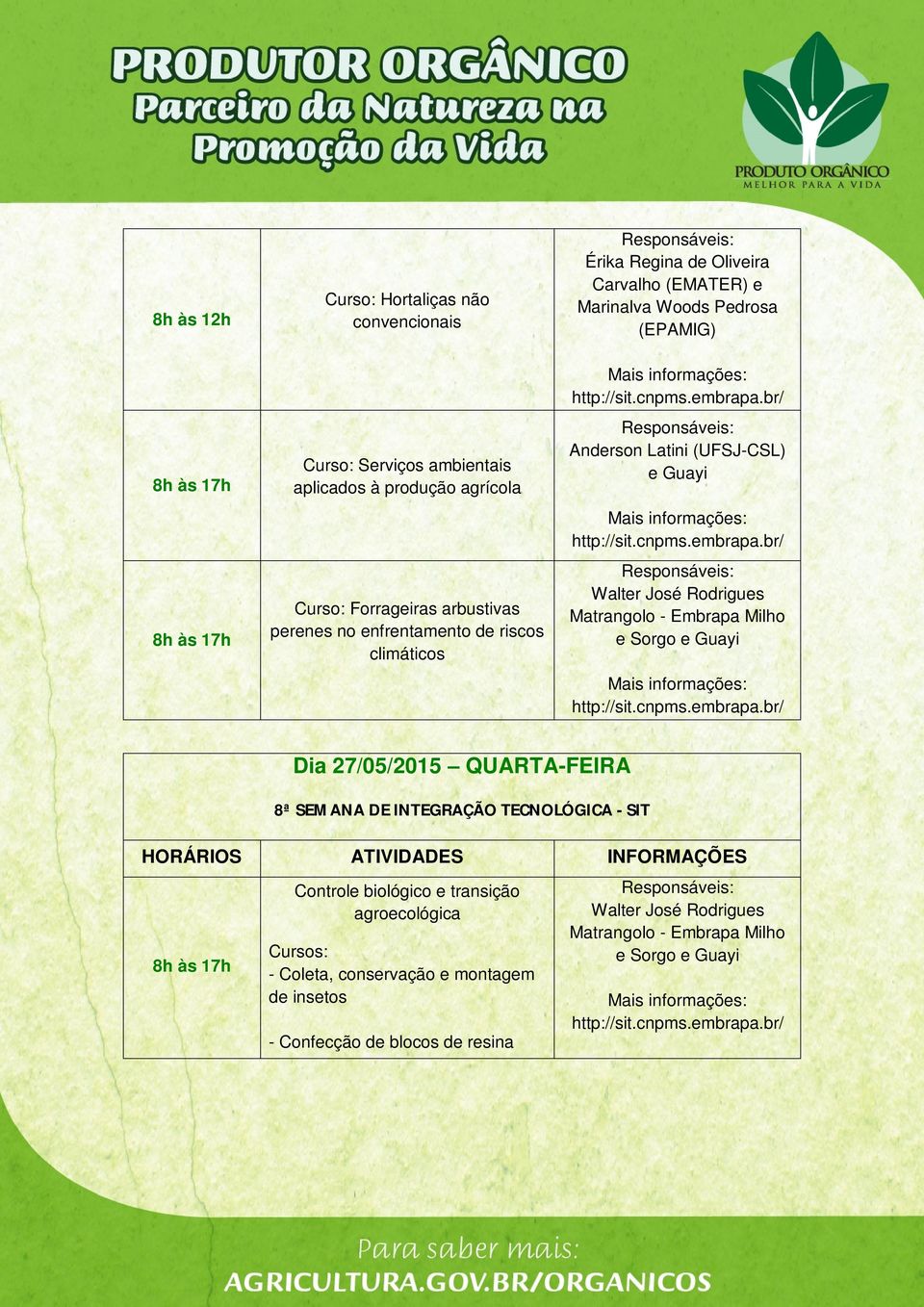 Rodrigues Matrangolo - Embrapa Milho e Sorgo e Guayi Dia 27/05/2015 QUARTA-FEIRA 8ª SEMANA DE INTEGRAÇÃO TECNOLÓGICA - SIT Controle biológico e transição